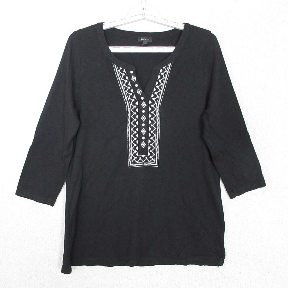 Talbots Tunic Womens M Black Embroidered V-Neck 3/4 Sleeve Cotton Modal Blend